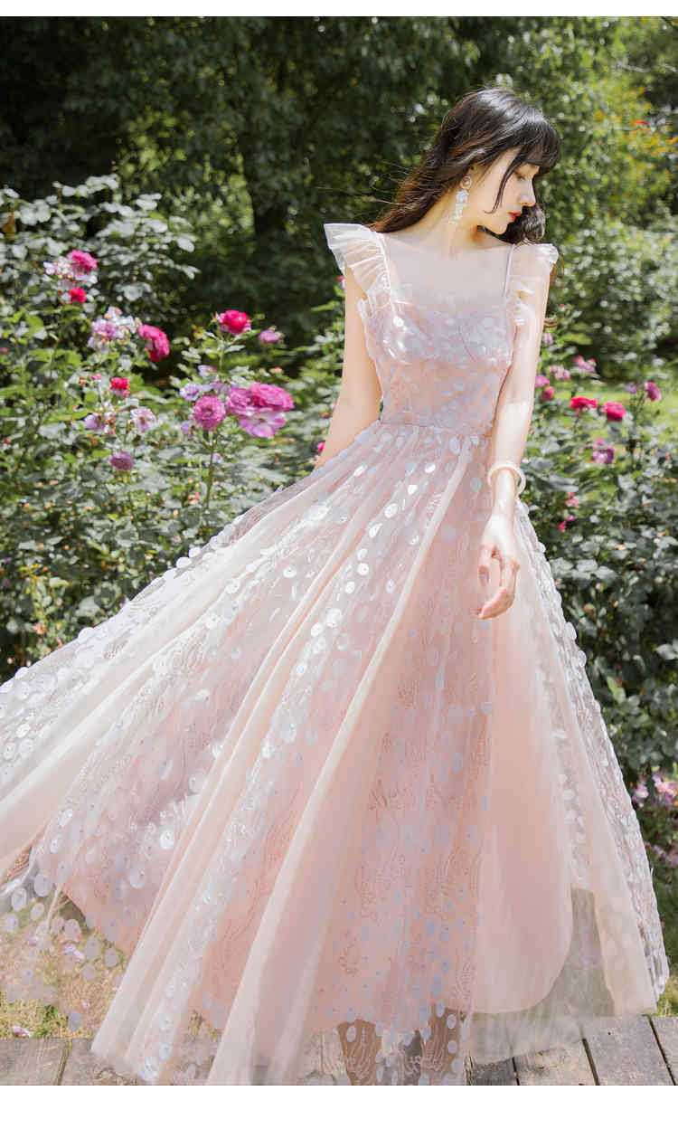 Elegant Women Sequins Square Collar Mesh Long Dress Vintage Summer French Ruffles Sleeveless High Waist Slim Fairy 210519