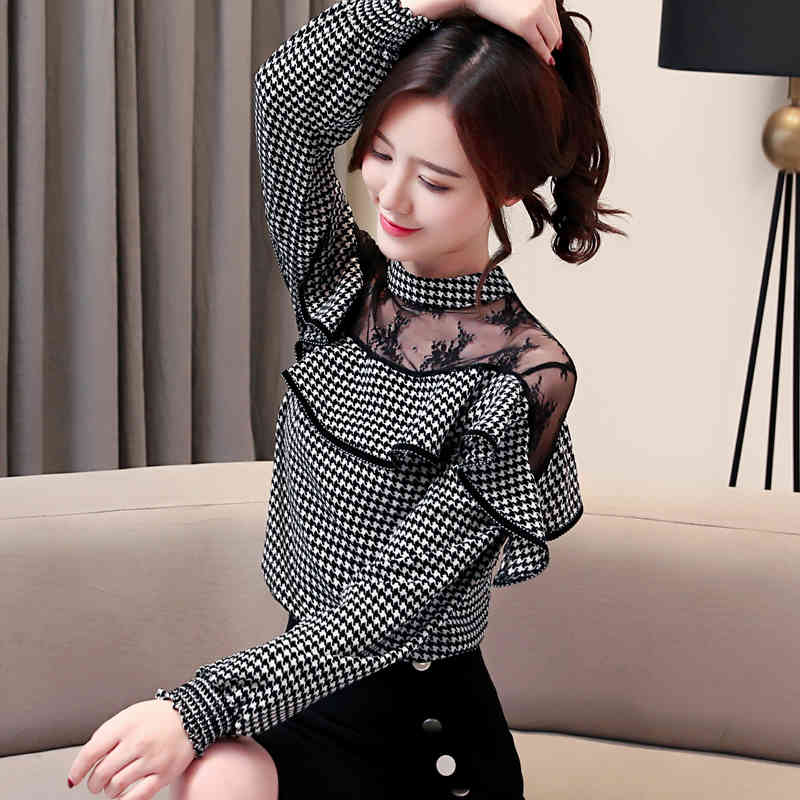 Blusas Mujer De Moda Women Long Sleeve Chiffon Blouse Womens and Blouses Dot Ruffles Stand Collar Ladies Tops 2460 50 210417
