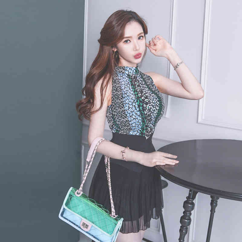 Korea Summer Vintage Print Sleeveless Vest Top High Waist Bodycon Black Chiffon Skirt Two Piece Casual Clothing Sets Club Dress 210506