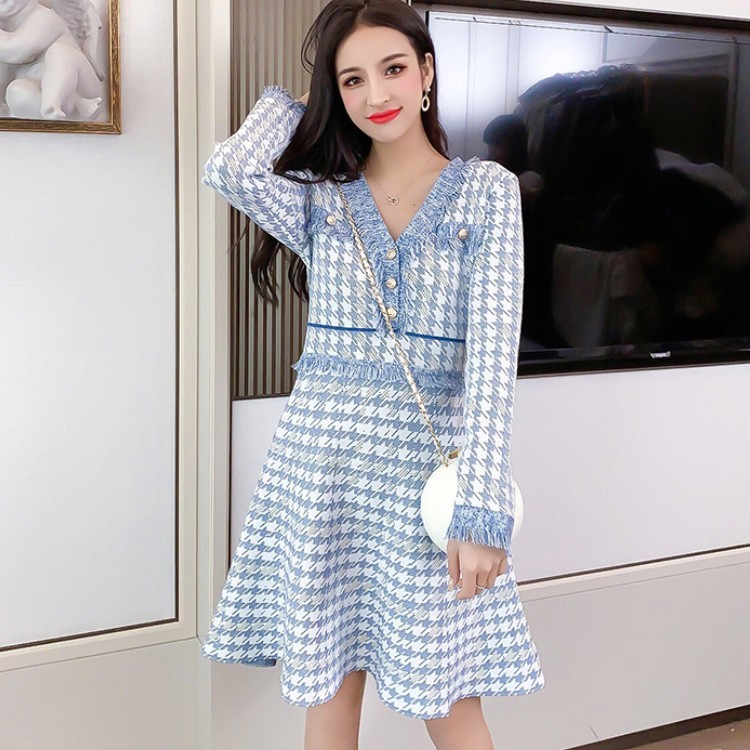 Fashion Autumn Houndstooth Tassel Trim Sweater Dress Ladies Long Sleeve V-Neck Casual Knit Dresses Vestidos 210519