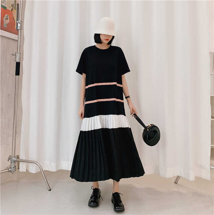 VANOVICH Korean Style Women Dress Summer 's Round Collar Casual Cotton Pleated Short Sleeve Clothing 210615