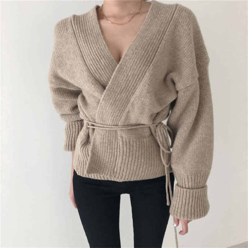 Autumn Chic All-Match Open Stitch Lace-Up Cute Sexy Regular High Street V-Neck Loose Cardigans Casual Knitted Sweaters 210421
