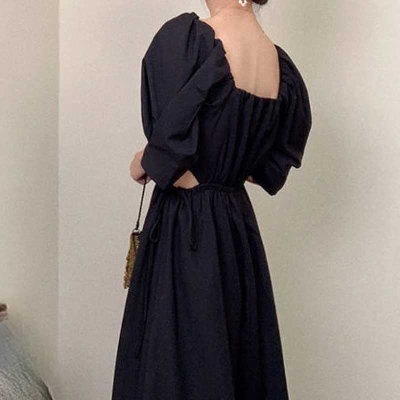 Korean Drawstring Hollow-out Slim Waist Woman Dress Puff Sleeve Square Collar Causal Elegant Vestido 6H740 210603
