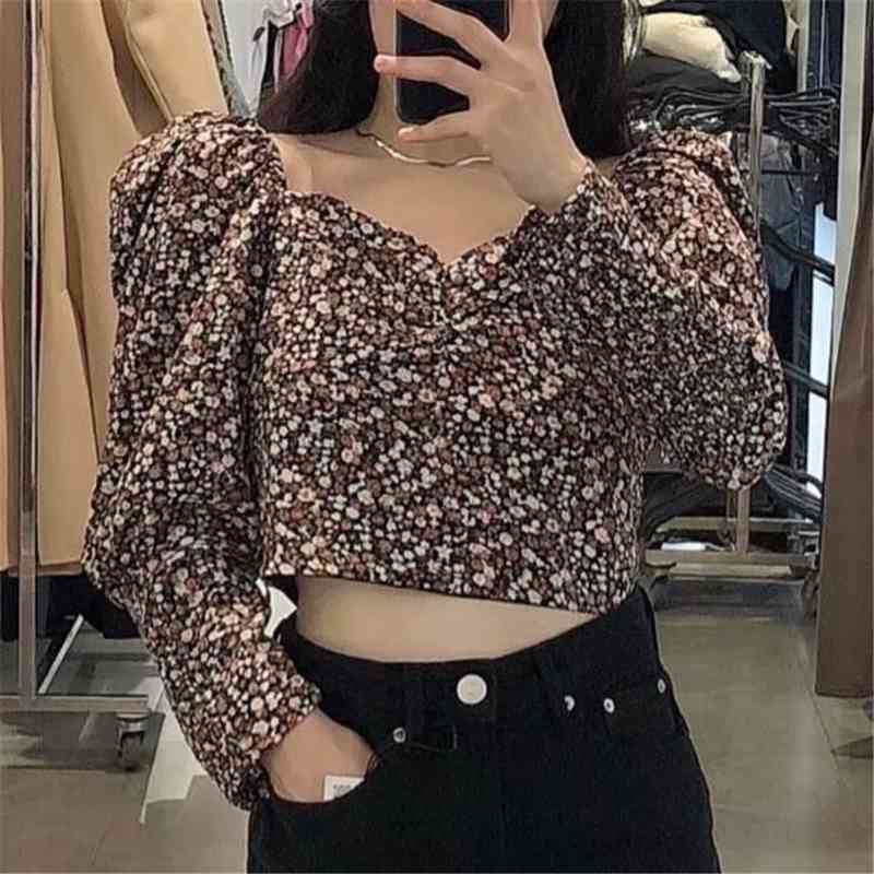 Vintage Women Floral Print Shirts Fashion Ladies Chiffon V-Neck Tops Streetwear Female Chic Puff Sleeve Blouses 210430