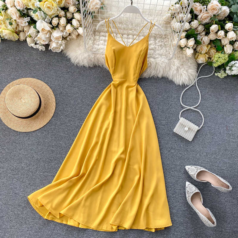 Elegant Clothes Seaside Holiday Backless High-waisted Slimming Solid Color Dress Women Sleeveless Vestidos De Fiesta L508 210527