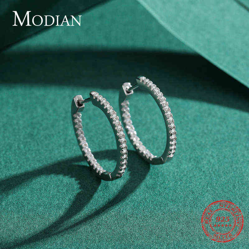 Modian Silver Sparkling Wedding Earring 925 Sterling Circle Clear CZ Hoop Earrings For Women Jewelry 220108