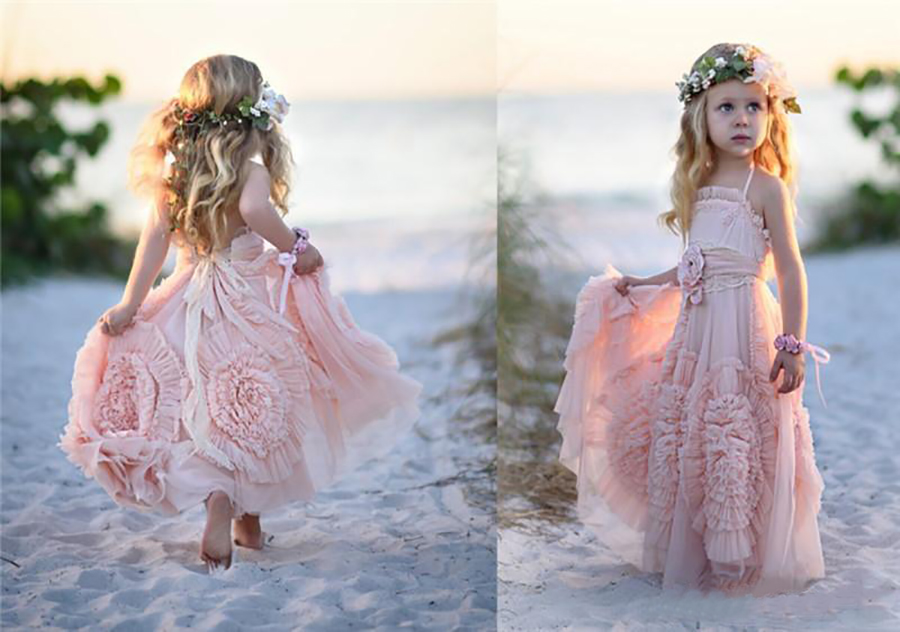 Blush Pink wer Girl Dresses Spaghetti Ruffles Hand made wers Lace Tutu Vintage Little Baby Gowns for Communion Boho Wedding