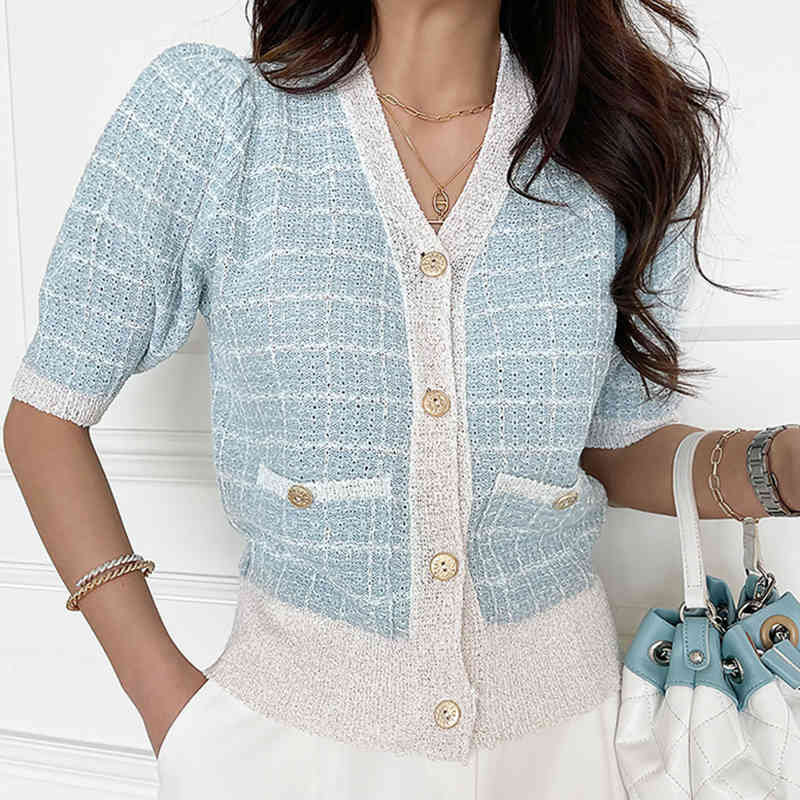Women Sweater Summer Korea Chic French Style V-Neck Plaid Single-Breasted Loose Double Pocket Puff Sleeve Cardigan 210514