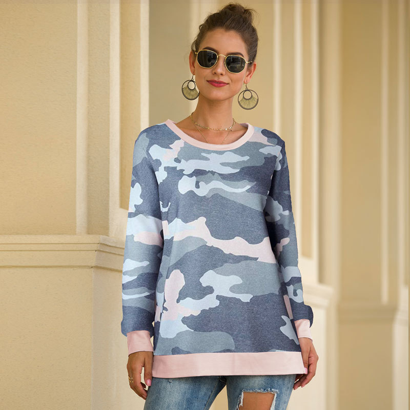 Leopard Camouflage Printed Hoodies Splicing Women's Fall Winter Round Neck Fashion Casual Loose Pullover Top Plus Size 210522