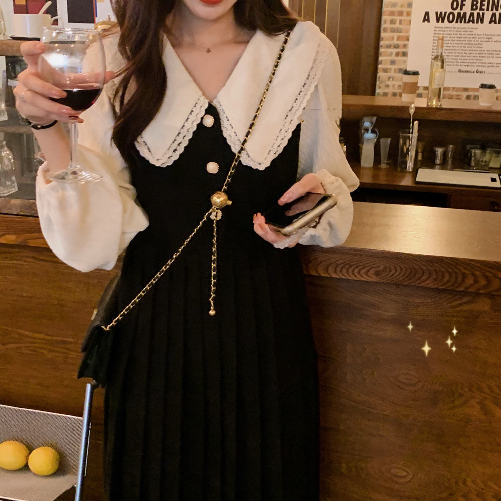 Elegant Vintage Dress Women Kawaii Casual Dress Korean Spring Sweet Preppy Style Peter Pan Collar Party Dress Y2k 210521