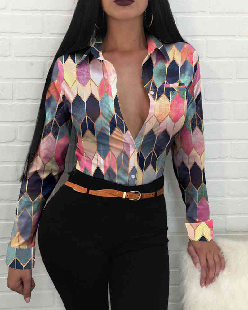 Spring Autumn Women's Floral Shirt New Femme Chain Scarf Print Button Front Long Sleeve Shirt Office Ladies Elegant Outfits 210415