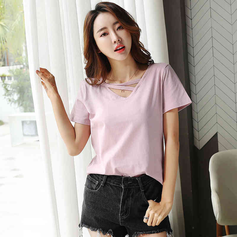 fashion women t shirt summer v collar cotton female shirt short sleeve women shirts white T-shirt womens clothing 2573 50 210417