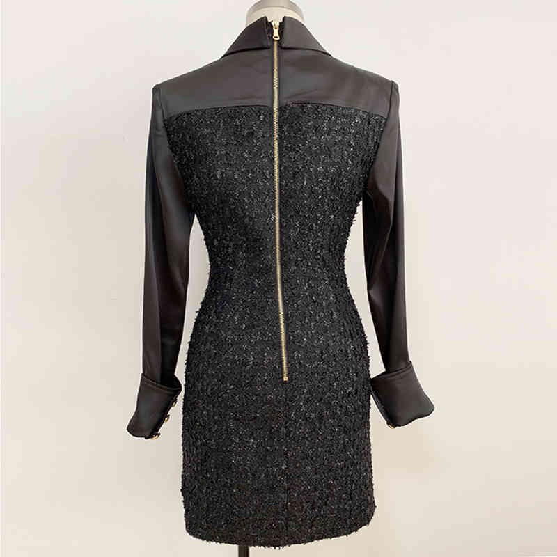 HIGH STREET Fashion Baroque Runway Dress Women's Lion Buttons Satin Patchwork Tweed Shimmer 210521