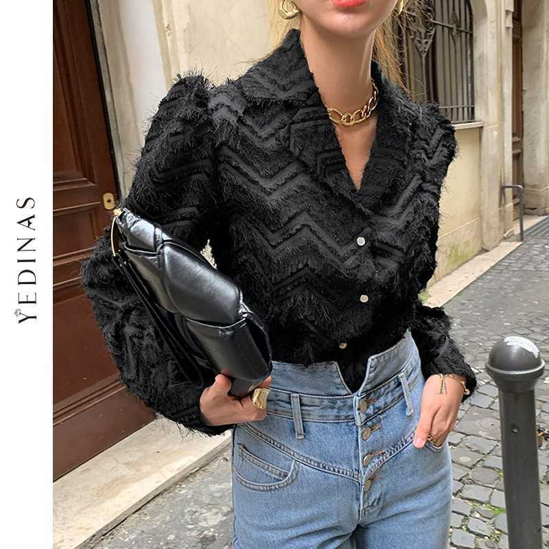 Yedinas Spring Fashion Black Cardigan Women Tassel Chic Sweater Turn-down Collar Long Sleeve Top Korean Style Kardigan 210527