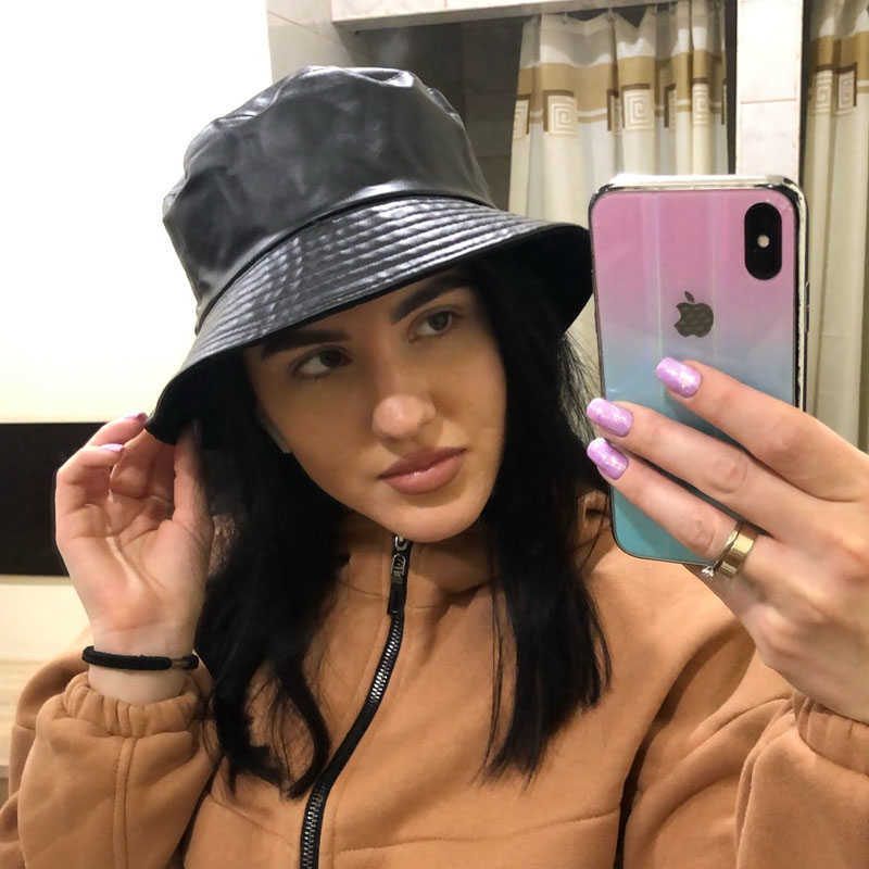 2021 Reversible France Black Leather Folding Women's Bucket Hat Women bob Fishing Hats fisherman Cap Men gorros pescador hip hop H0828