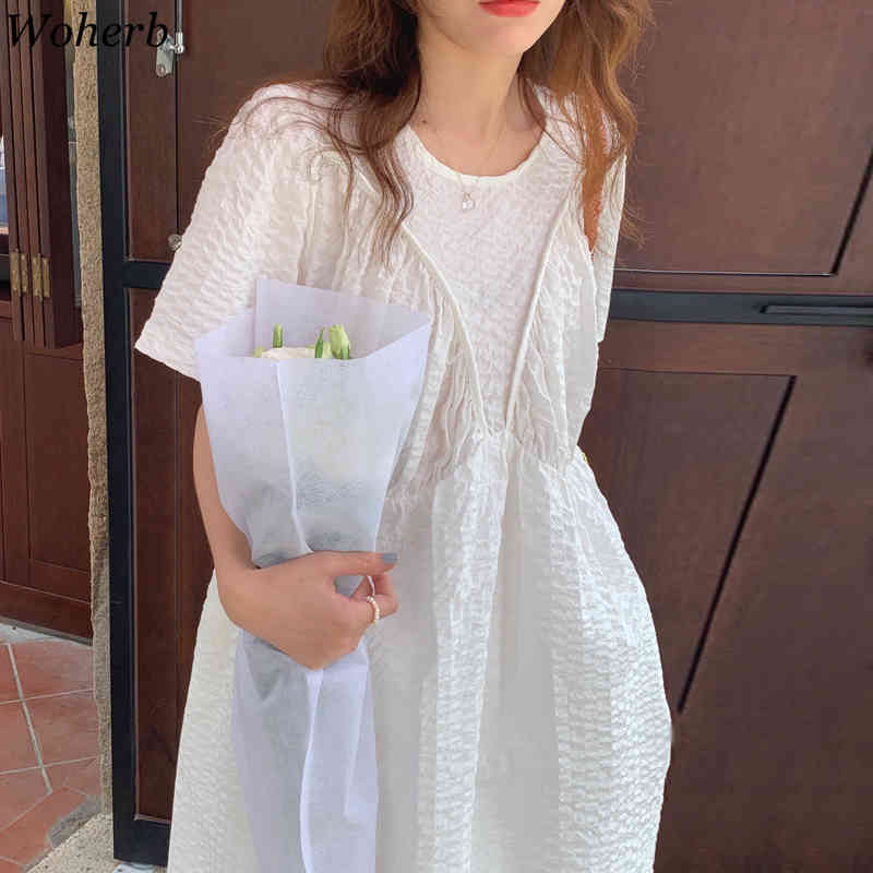 Summer Pleated Maxi Dress for Women Korean Robe O Neck Loose Vestidos Mujer Short Sleeve Elegant Temperament Dresses 210519