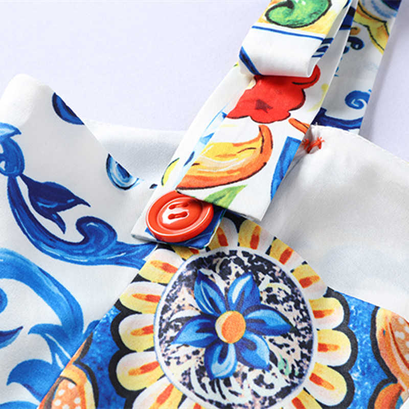 Fashion Runway Summer Dress Women's Bow Spaghetti Strap Backless Blue and White Porcelain Floral Print Long Dress 210630