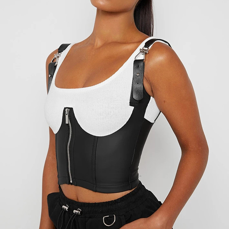 Fashion Backless Slim Top Women Sexy Sleeveless Navel Suspender PU Stitching Zipper Vest RC045 210525, White
Fashion Backless Slim Top Women Sexy Sleeveless Navel Suspender PU Stitching Zipper Vest RC045 210525, White