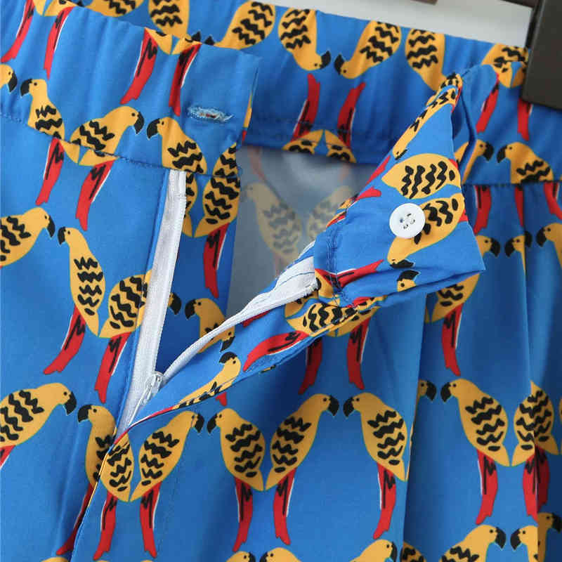 summer women beach style elastic high waist zipper shorts fashion holiday wild bird print blue short pants femme 210421