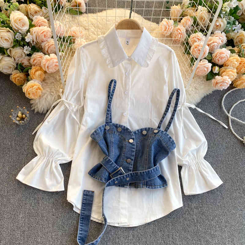 Nomikuma Korean Elegant Women 2piece Blouse Sets Tie Puff Sleeve Ruffle Turn-down Collar Blouse + Sashes Slim Demin Vest 6D904 210427