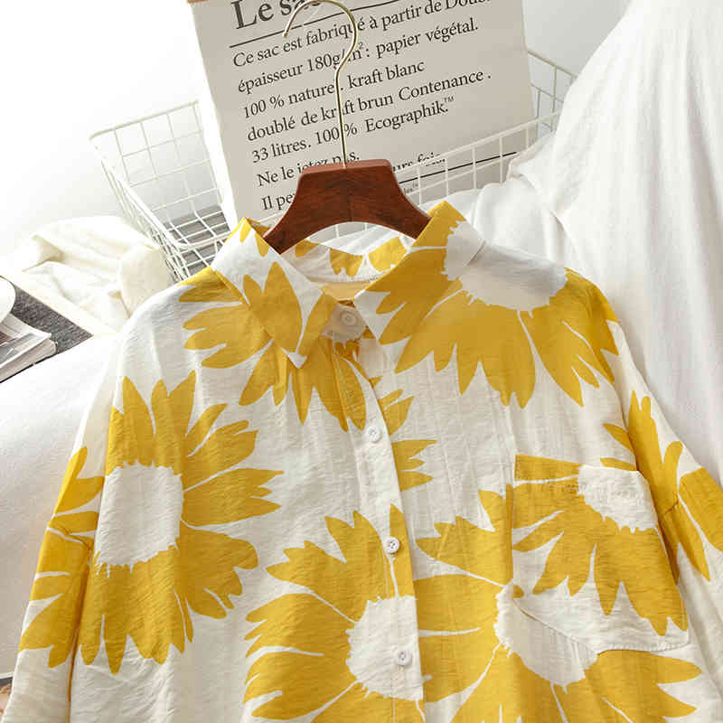 Kimutomo Fashion Yellow Floral Print Blouse and Shirt Women Spring Fresh Style Turn-down Collar Long Sleeve Top Casual 210521