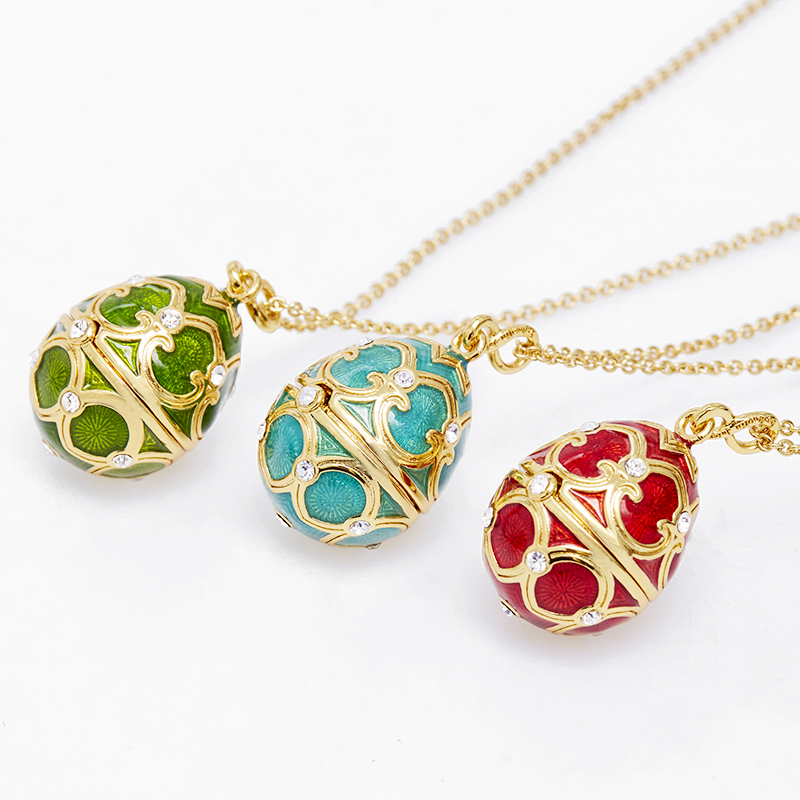 Enamel Handmade Faberge Easter Egg Pendant Necklace Jewelry Locket Brass Vintage Crystal Clover Inside Gift To Women Girls