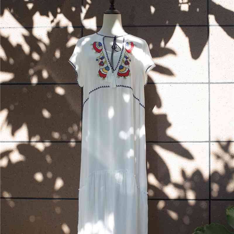 Embroidery Cotton Beach Cover up Tunic for Bathing suit Women Sarong Pareo Swim Dress #Q582 210420