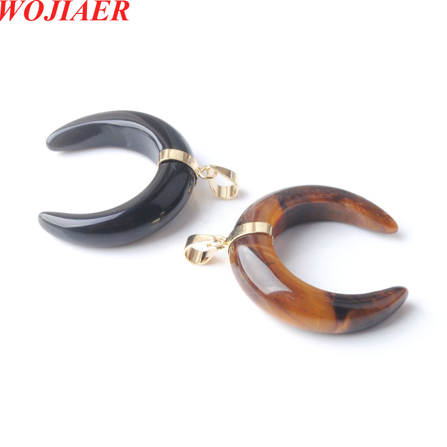 WOJIAER Crescent Moon Pendants & Necklaces Natural Lapis Lazuli Rose Quartz Opalite Stones Gold Color Women Jewelry BO951