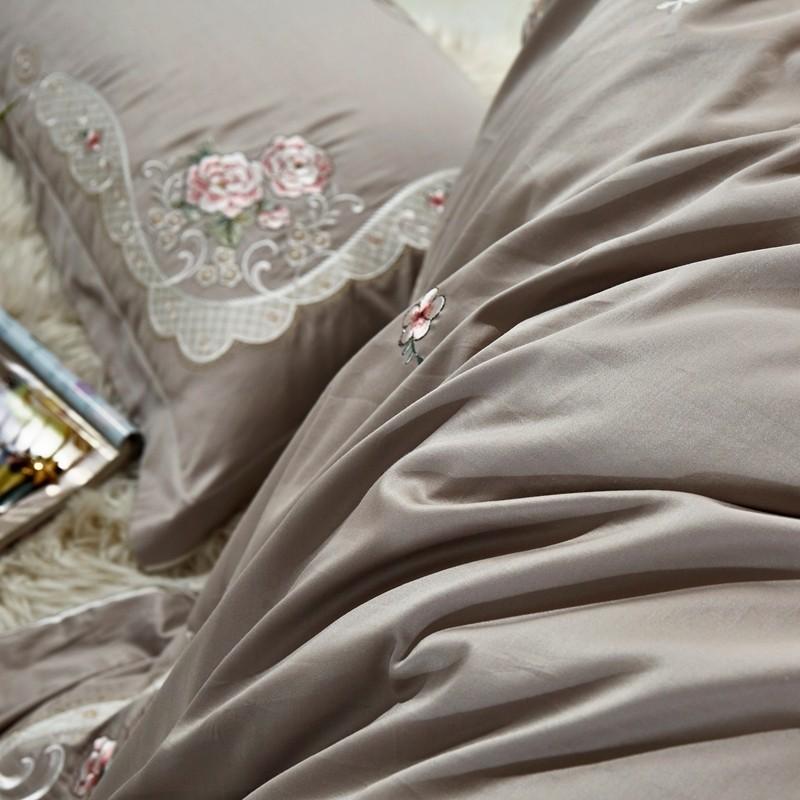 Premium Egyptian Cotton Floral Embroidery Bedding Set Yellow Grey Vintage Duvet Cover Bed Sheet Pillowcases Queen King Size 4Pcs Sets