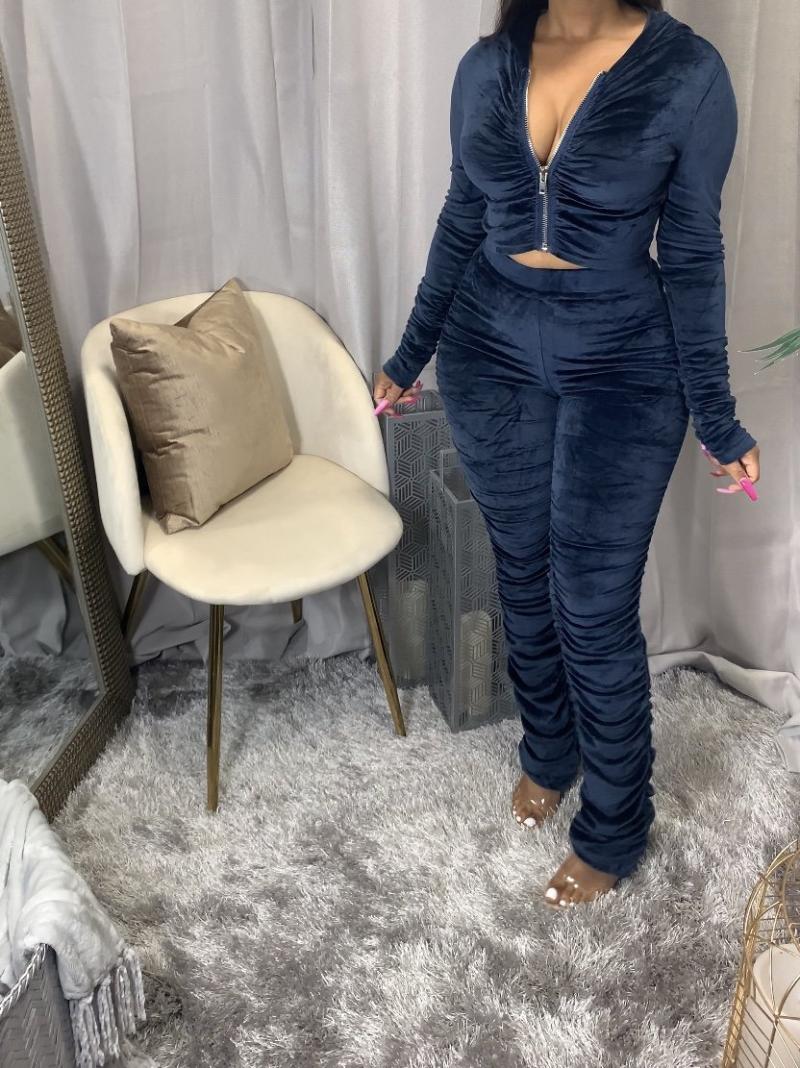 Women's Tracksuits 2021 Autumn Velvet Stacked Set Zipper Hoodies Ruched Pants Sport Tracksuit Two Piece Outfit Active Sweatsuit