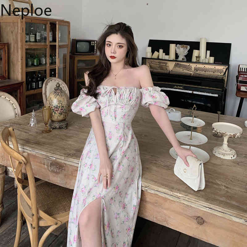 Neploe Vintage Floral Dress Women Summer Square Collar Puff Short Sleeve Maxi Dresses Sexy Off Shoulder Elegant Split Vestidos 210422