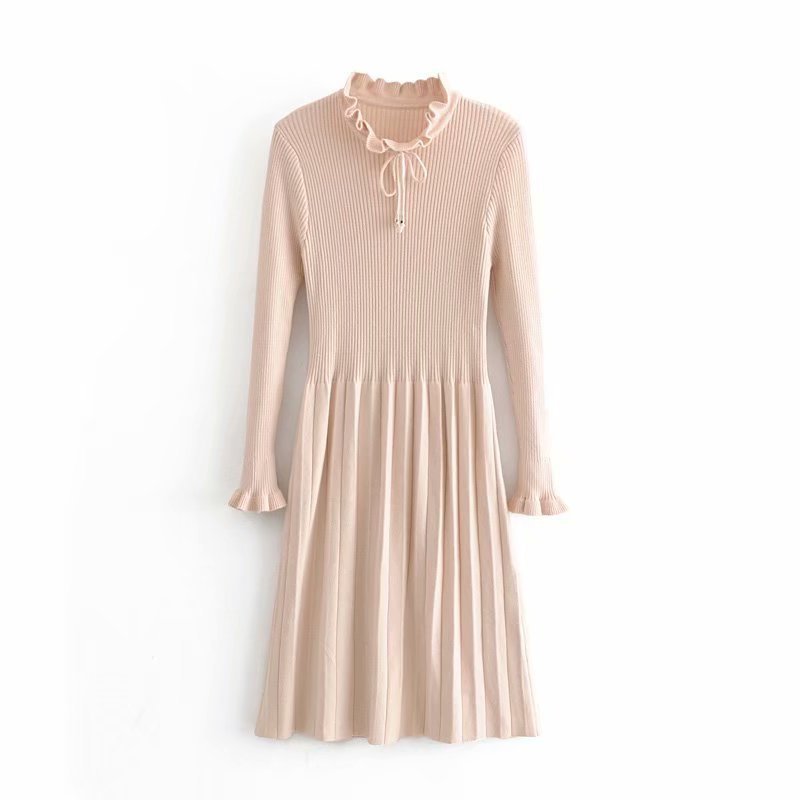 Elegant Ruffle Long Sleeve Knitted Sweater Dress Women Solid A Line Bow Pleated Dress Autumn Winter Casual Dresses For Ladies 210414