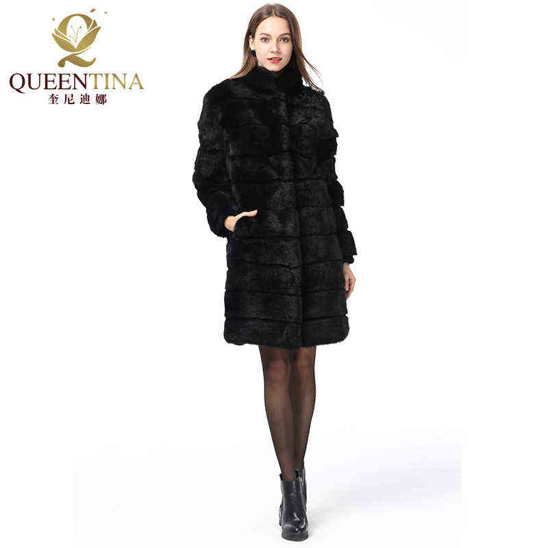 Winter Real Rabbit Fur Coat Stand Collar Thick Soft Warm Natural Fur Long Jacket Women Outwear Full Pelt Fur Coats 211123