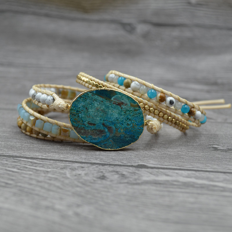Women Leather Beaded Bracelet Ocean Stone Bead Strand Bohemian Wrap Turquoise Jasper Bangle Multilayer Jewelry