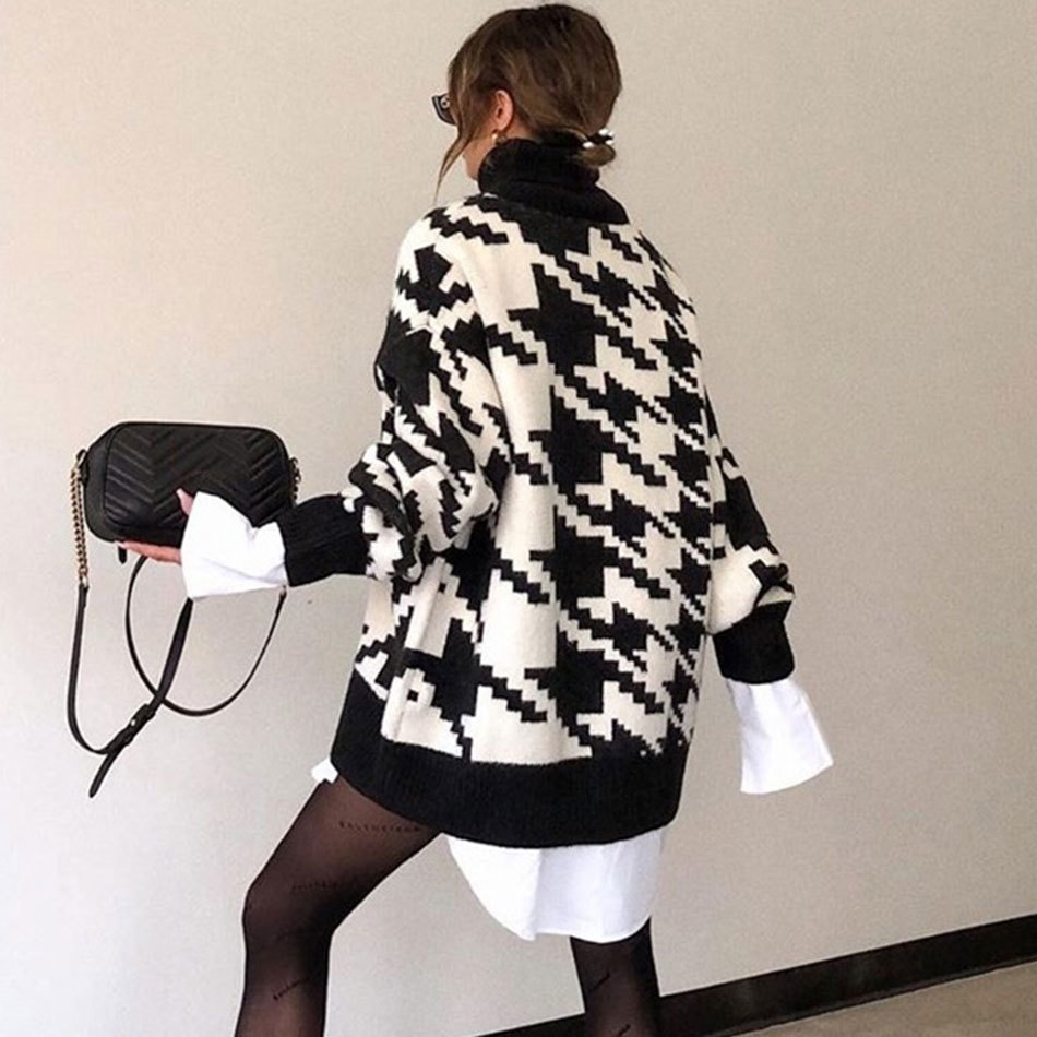 Free High Neck Houndstooth Sweater Dress Women's Winter Long Sleeve Oversized Knit Christmas Party 210524
