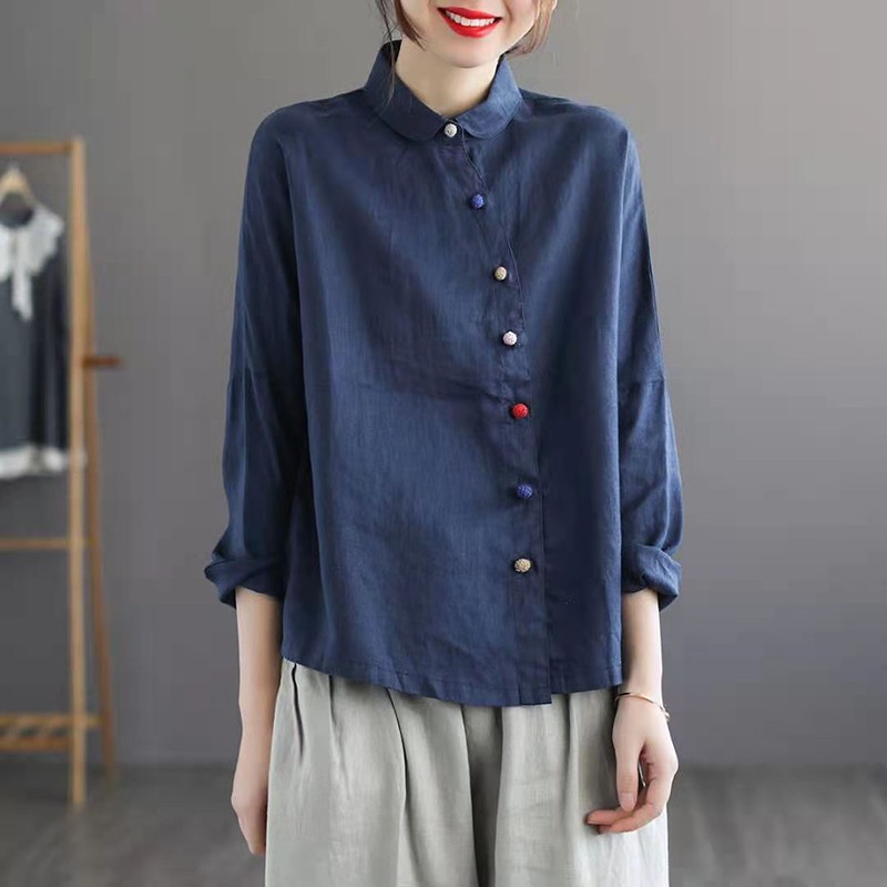 Arrival Spring/autumn Women Loose Casual Long Sleeve Peter Pan Collar Blouse Single Breasted Cotton Linen Shirts W198 210512