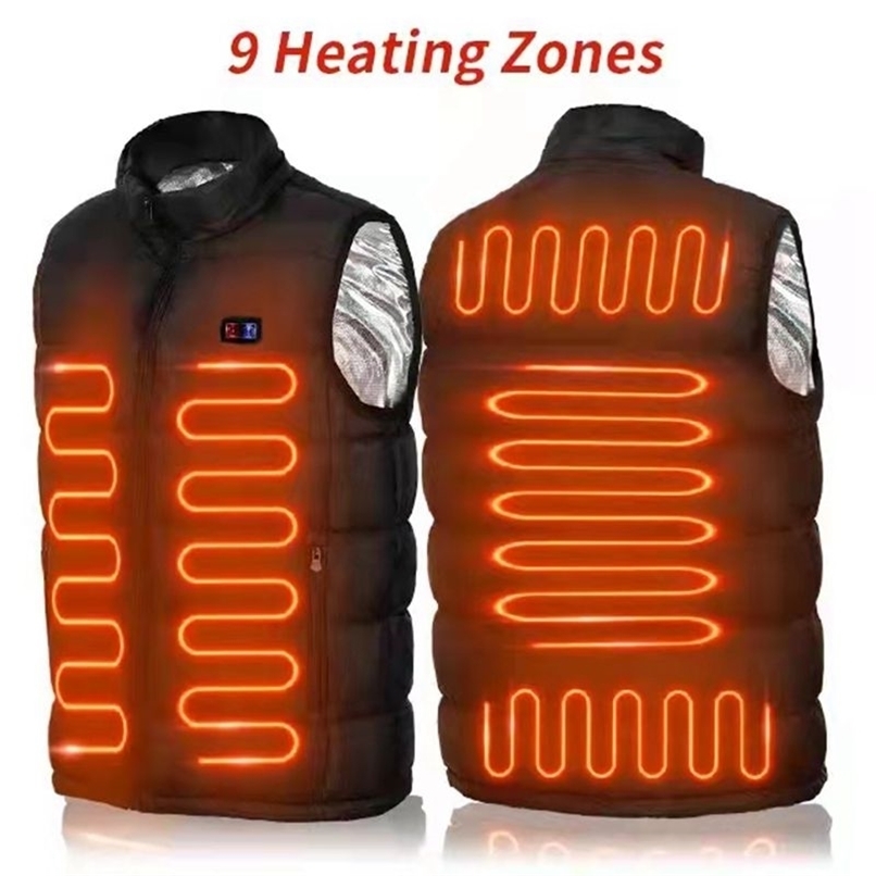 Double switch 9 Places Heated Vest Men Usb Heated Jacket Heating Vest Thermal Clothing Hunting Vest Winter Fashion Heat Jacket 211119