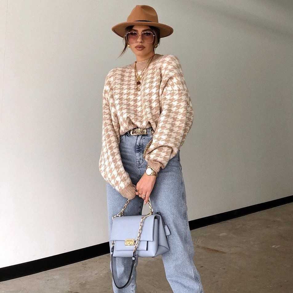 Women Casual Houndstooth Lady Pullover Sweater Female Autumn Winter Retro Jumper Geometric Blue Knitted Femme 211007
