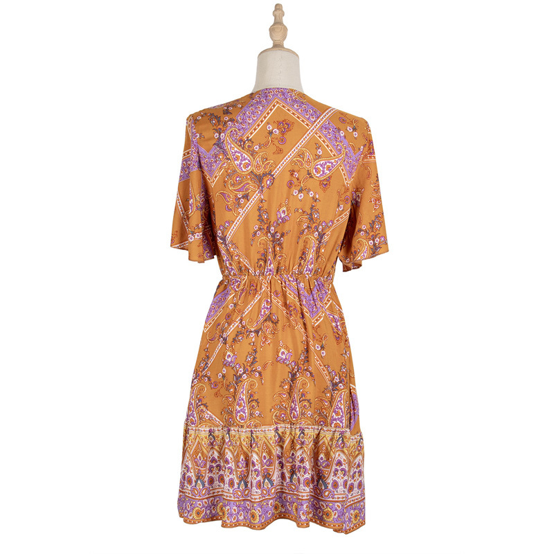 Deep V-neck Butterfly Sleeve Bow Tie Printed Dresses Women Vacation Casual High Waist Short A-Line Summer Dress 210510