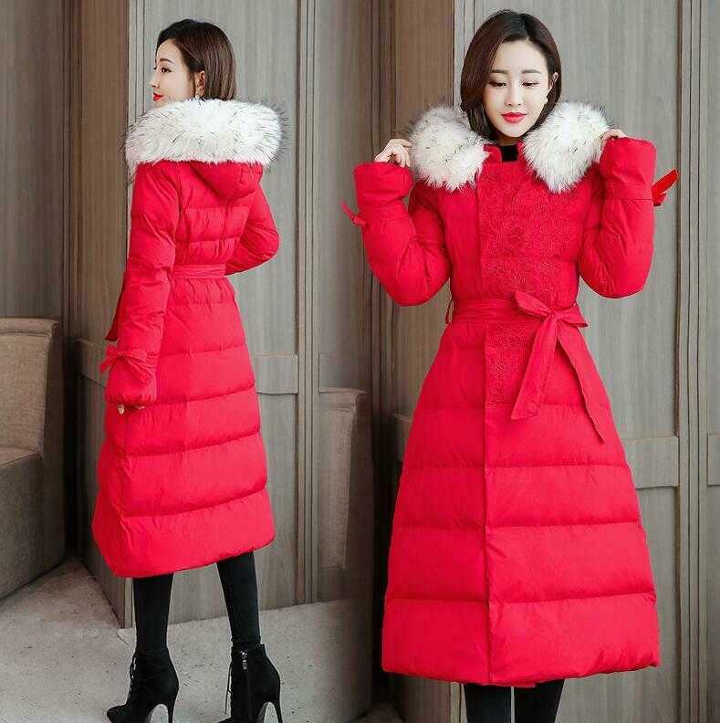 Women's flower trim down jacket winter coat fur collar hood pure cotton overcoat jumper DXM-006 210820