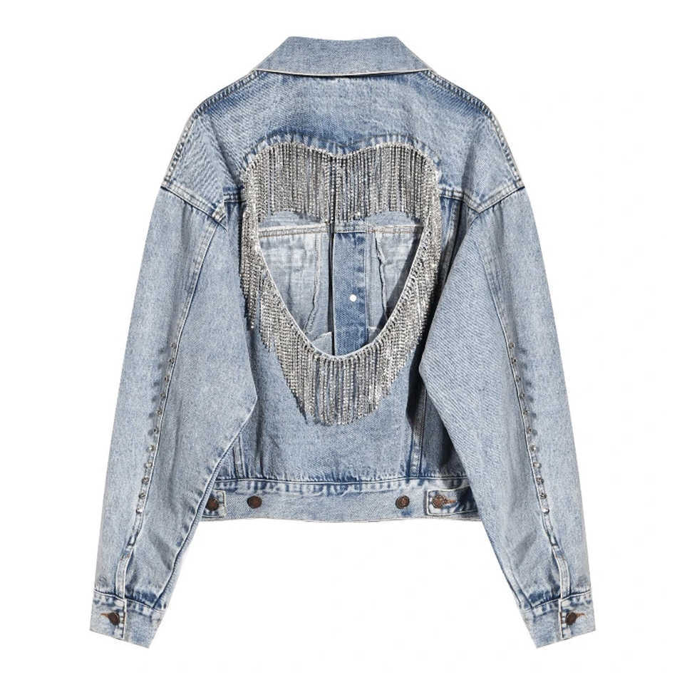 Aummer Heavy Industry Back Hollowed Out Love Tassel Denim Cropped Jacket Female Loose Jeans Coat 210525