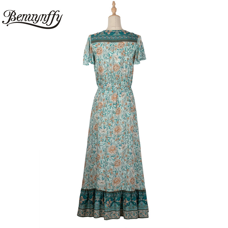 V-neck Button Front Drawstring Waist Floral Print Dresses Women Summer Vacation Boho Casual Swing Long Dress 210510