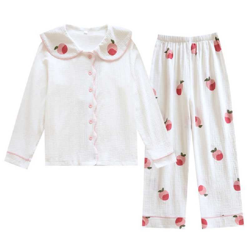 Doll Collar Spring Women Cute Cartoon Peach Print Pajamas Set 100% Gauze Cotton Full-Sleeve 2Pcs Sleepwear Casual Wear 210924