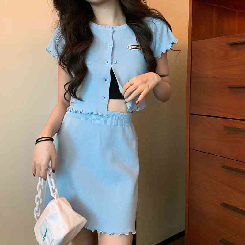 3colors two pcs set summer autumn korean style slim knitted cardigan+mini skirt 2pcs set women clothing set (C1300 210423