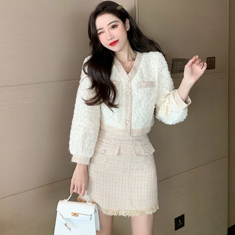 Autumn Fashion Two piece Set Women Tweed patchwork Long Sleeve Crop Tops + Tassel Bodycon Mini Skirt Suits 210518