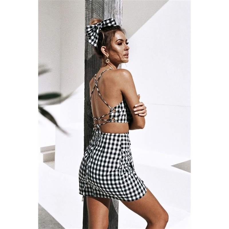 Fashion Women Checkerboard 2 Piece Set Bodycon Skirt Crop Top Off Shoulder Tank Summer Two Gingham Sexy Party 210428