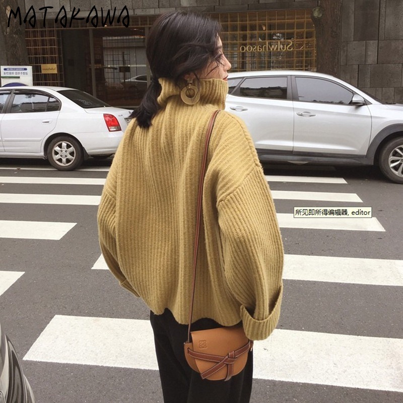 MATAKAWA Japanese Fashion Turtleneck Women's Sweater Loose Outer Wear Korean Thick Knit Sweaters Top 210513