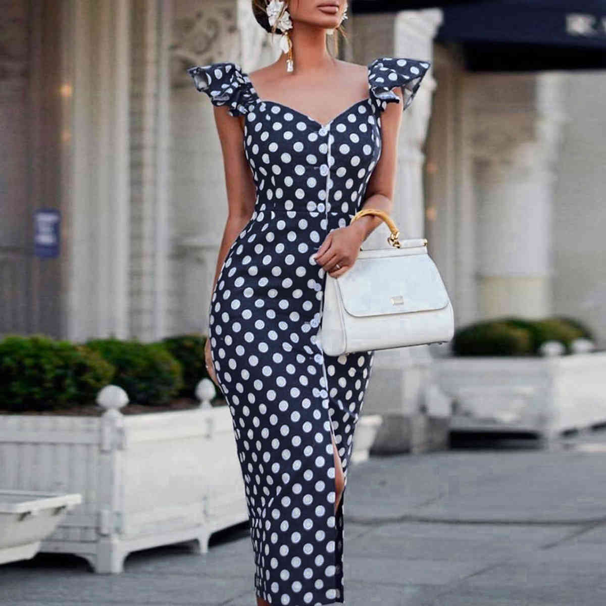 Women Dress Ruffles V-Neck Dot Dresses Split Plus Size Long Summer Clothes Fashion 210513