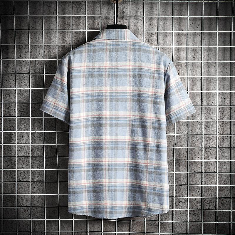 Harajuku Fashion Mens Plaid Shirts Short Sleeve Cotton Striped Male Streetwear Summer Tops Dress Chemise Homme Plus Size Men's Casual