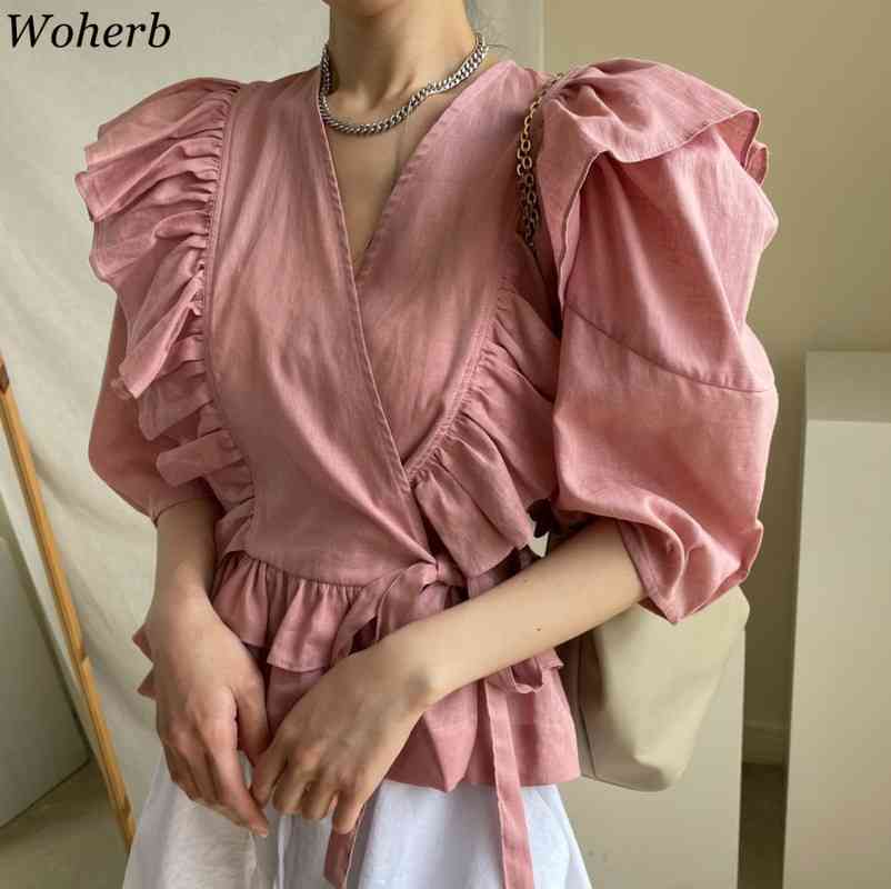 Women Blouse Vintage Temperament Blusas V-neck Ruffles Patchwork Fashion Shirts Lace-up Slim Waist Puff Short Sleeve Tops 210519
